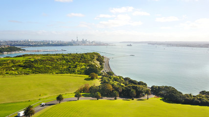 Aerial view on Auckland city center over Waitemata Harbour. New Zealand
