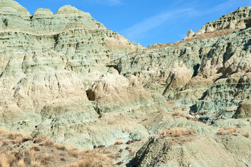 Fototapeta premium Surrealistic landscape in John Day Fossil Beds National Monument Blue Basin area with grey-blue badlands. A branched ravine and Heavily eroded formations.