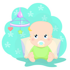 Cute baby plays with toy in bed cartoon character vector illustration. Kid sitting and look at baby mobile.
