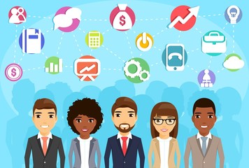 The business concept. The creation, development and improvement of the business using the Internet. A group of businessmen. The icons set. In flat style on blue background. Cartoon.