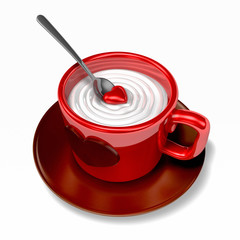 cappuccino coffee in red tea cup with 3d red heart piece. Valentine 3D Illustration Design Series.