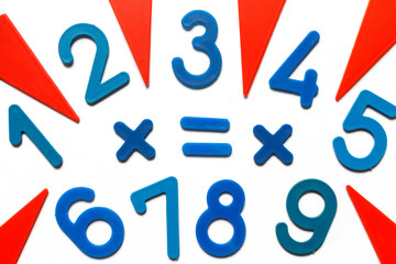 Figures and figures of triangles for studying mathematical accounts on a light background with copy space flat view