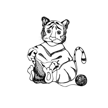 Little tiger bloom knitted sweater. Can be used as the logo for the article, website, book, magazine on knitting.
