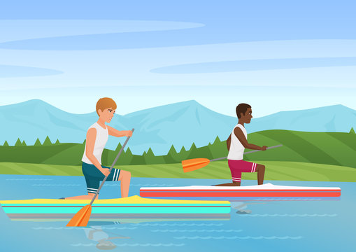 Vector illustration of two sportsmen rowing and competiting on river.
