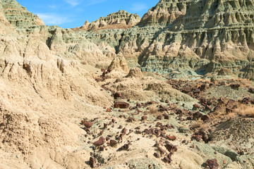 Surrealistic landscape in John Day Fossil Beds National Monument Blue Basin area with grey-blue badlands. A branched ravine and Heavily eroded formations.