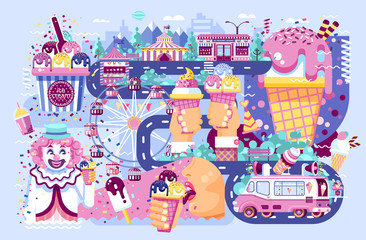 Vector illustration business selling different kinds ice cream sale of food with machine, meal on wheels clown amusement park sweets vanilla chocolate fruit filling cafe near road in flat style