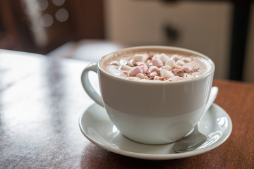 A cup of Hot Chocolate, with Marshmallows on top.