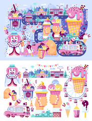 Set vector illustration business selling different kinds ice cream sale food with machine, meal on wheels clown amusement park sweets vanilla chocolate fruit filling cafe near road in flat style