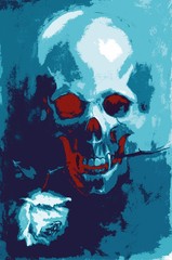Scull with dead rose in teeth, original oil painting on canvas. Hand drawing contrast effect in blue and red colors, vector traced illustration