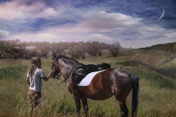 Young girl and beautiful horse . 