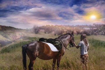 Young girl and beautiful horse . 