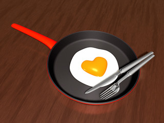 3d heart sunny side up egg in frying pan with knife and fork. Valentine 3D Illustration Design Series.