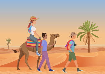 Vector illustration of man walking with guide and woman riding camel in desert.