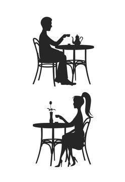 People behind a little table in cafe drinks coffee a vector illustration.