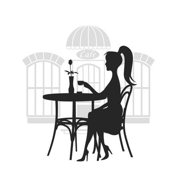 Girl behind a little table in cafe drinks coffee a vector illustration.