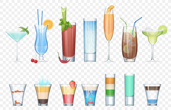 Vector Set of realistic alcoholic cocktails isolated on the alpha transperant background. Club party summer cocktails in mixed glasses. Short and long cocktails collection.