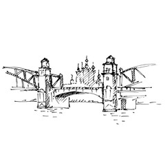 Hand drawn Peter the Great Bridge on the Neva River and cathedral in St.Petersburg, Russia. Sketch, vector illustration.
