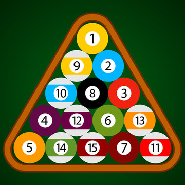 Billiard - Pool - Snooker Balls in a Triangle Wooden Rack Vector Set