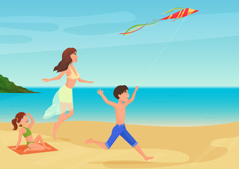 Obraz na płótnie Canvas Vector illustration of mother having fun with children on beach and playing with kite.