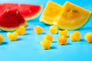 Shaped yellow and red watermelon slices