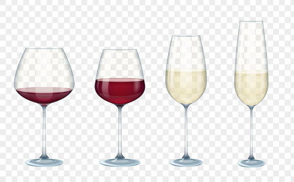 Set transparent vector wine glasses with white and red wine on the alpha transparent background. Vector illustration.