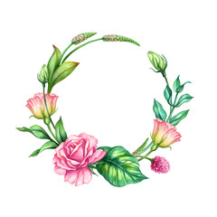watercolor botanical illustration, pink rose flowers, tropical green leaves, floral wreath, round frame, blank banner, isolated on white background