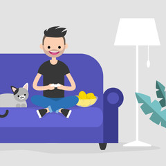 Young excited character playing video games / flat editable vector illustration, clip art