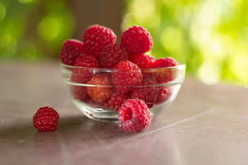 bowl of raspberries on the table in the summer garden