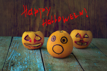 scared orange flees from zombies. funny Halloween card.