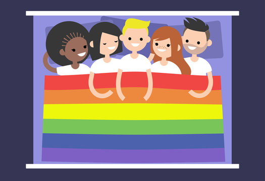 LGBTQ group of people covered with rainbow flag. Free love / flat editable vector illustration, clip art