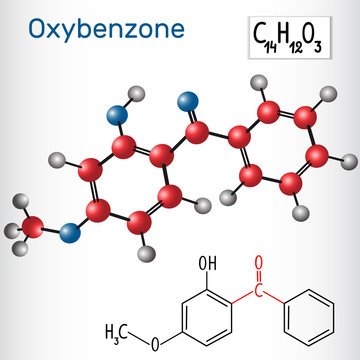Oxybenzone (benzophenone-3 ) molecule - structural chemical formula and model. Aromatic ketone having sunscreen properties
