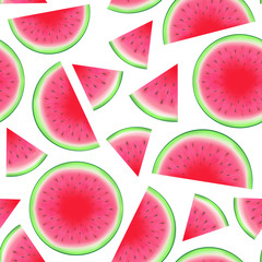 Red ripe watermelon slices with seeds on white background. Seamless summer fresh fruit pattern in watercolor style. Can be used for wallpaper, surface textures, banner, card