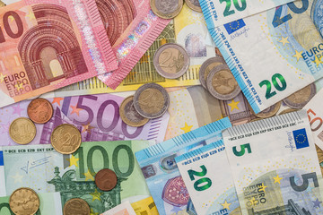 Euro coins and banknotes. money concept. close up