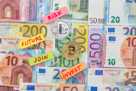 new crypto currency - bitcoin with eoro banknote