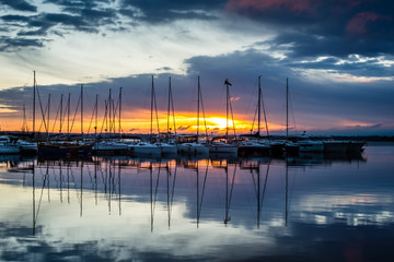 Sunrise on marina Wilkasy above lake Niegocin near Gizycko, Masuria, Poland