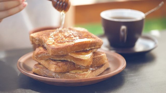 French toasts with honey. Healthy breakfast. 