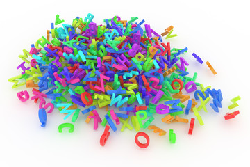 Stack of colorful alphabets letters from A to Z for education or learning conceptual, isolated on white background, 3D rendered image