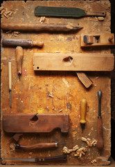 Hand tools Wood on an old wooden workbench