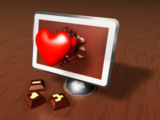 3d red heart popping off the chocolate computer . Valentine 3D Illustration Design Series.