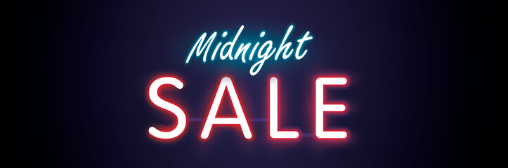 Midnight sale neon style heading design for banner or poster. Sale and Discounts Concept. Vector illustration.