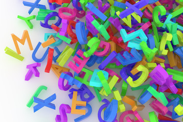 Stack of colorful alphabets letters from A to Z for education or learning conceptual, isolated on white background, 3D rendered image