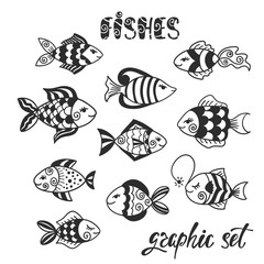 Set of hand drawn cartoon funny fishes.
