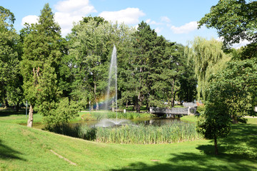 Tęcza. Fontanna na stawie w park. © shake_pl