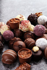 a lot of variety chocolate pralines, belgian confectionery gourm