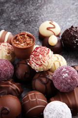 a lot of variety chocolate pralines, belgian confectionery gourm