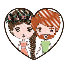 heart shape portrait with color crayon silhouette caricature couple of her in dress with brown braided hair with floral crown and him with red hair and beard