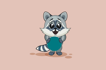 Vector Illustration isolated Emoji character cartoon raccoon cub holds circular design element sticker emoticon happy emotion for site, info graphic, video, animation, websites, e-mails, reports