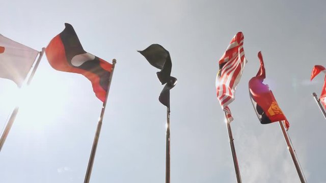 View of national flags of Southeast Asia countries Brunei Darussalam, Myanmar Burma, Cambodia, Indonesia, Laos, Malaysia, Philippines, Singapore, Thailand, Vietnam, East Timor