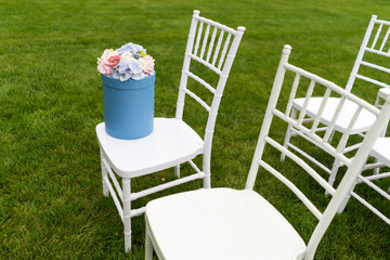 Chiavari chairs on grass.