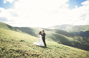 Fototapeta na wymiar Young newly wed couple, bride and groom kissing, hugging on perfect view of mountains, blue sky
